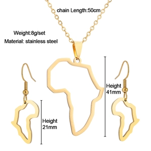 Detail showing 50cm stainless steel Africa map pendant necklace and matching gold earrings