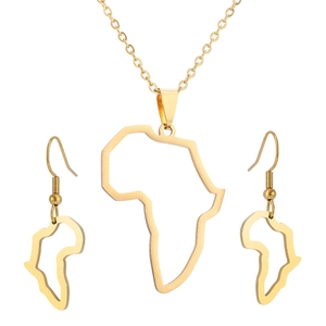 Golden stainless steel Africa map jewelry set with hollow pendant necklace and earrings