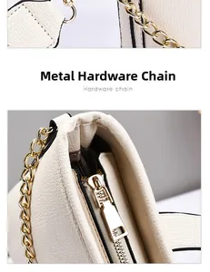 Dettaglio della catena in metallo dorato e della cerniera sulla borsa in pelle beige
