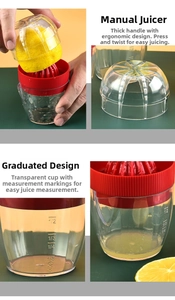 Manual lemon juicer set featuring precise measurements and ergonomic red press lid