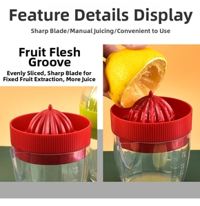 Detail of manual lemon juicer with red press head and scaled measuring collection cup