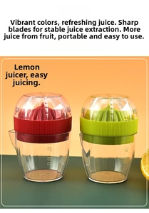 Detail of manual lemon juicer with measurement scales on transparent plastic cups