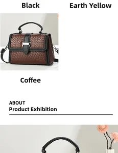 Detailed view of woven texture handbag with silver buckle and black leather handle