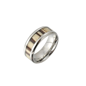 Men's fashion ring with silver stainless steel base and striped wood inlay design