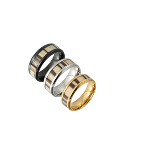 Fashionable wood grain inlay rings for men available in black, silver, and gold finishes