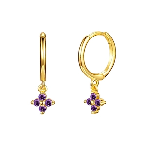 Franse stijl S925 zilveren gouden oorbellen met paarse edelsteen bloem hangers