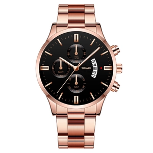 Men's rose gold stainless steel chronograph watch with black dial and date display