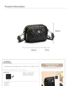 Detailed view of black quilted PU crossbody bag with triple zippers and woven strap