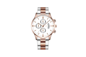 Detail of Yolako men's chronograph watch with rose gold two-tone steel band and white dial