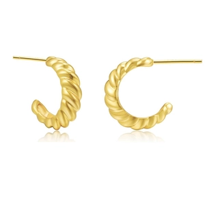 Golden twisted croissant C-shaped hoop earrings with elegant metallic luster on white background
