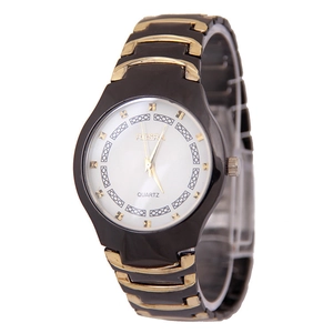 Sleek black quartz watch with golden accents and white round dial for men and women