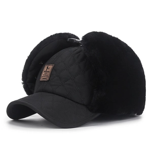 Men's winter black quilted trapper hat with warm faux fur earflaps and buckle