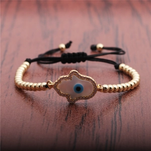 Hamsa Hand Evil Eye Bracelet Gold Plated Copper Beads Micro Pave Cubic Zirconia Adjustable Black Woven Rope Jewelry