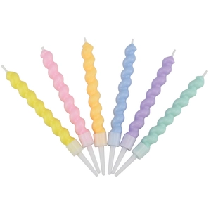 Set of seven colorful spiral birthday candles with white holders for cake decoration