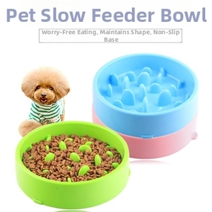 Macro detail of anti-choke pet slow feeder bowl in green, pink and blue colors