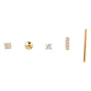 Five-piece minimalist gold stud earrings set with sparkling zircon stones on white background