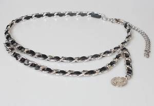 Silver metal chain belt woven with black leather and circular coin pendant decoration