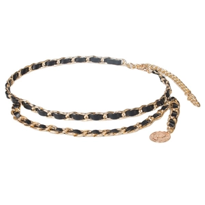 Golden double-layer chain waist belt with black leather strap and coin pendant charm