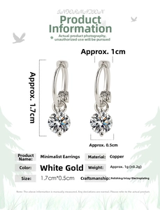 Detailed spec sheet showing S925 silver plated earrings with round cut cubic zirconia