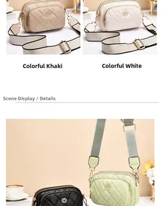 Detailed view of quilted crossbody bags in four colors with wide canvas straps