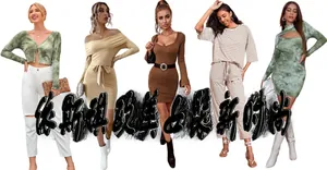 Collage of women's summer knit dresses and sets in green, beige and cocoa brown tones