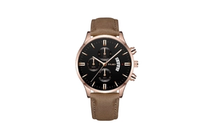 Detailed close-up of rose gold men's chronograph watch with brown leather strap and black dial