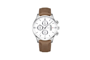Detail of silver chronograph watch with brown leather strap and white date dial