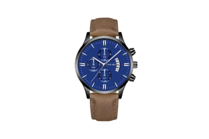 Detail of blue dial chronograph watch with brown leather strap and date display