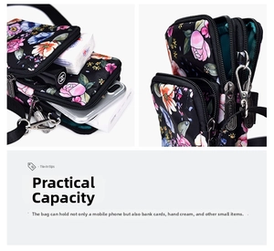 Detailed view of the mini crossbody bag featuring three-layer zippers and floral pattern