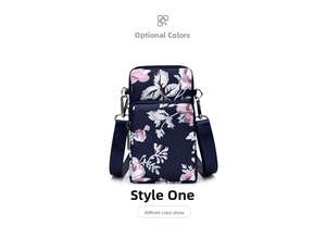 Close-up of navy blue floral crossbody phone bag with double zipper and nylon strap