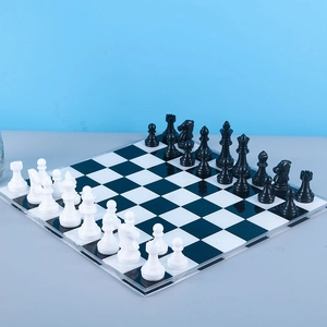 Macro detail of classic 3D chess pieces arranged on a crystal-clear resin chessboard