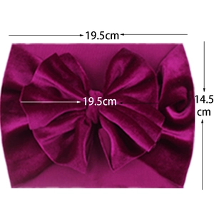 Detailed size chart for velvet nylon baby headband showing 19.5cm width and 14.5cm height
