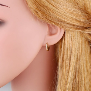 Minimalist gold hoop earrings with white zircon stones shown on a model ear