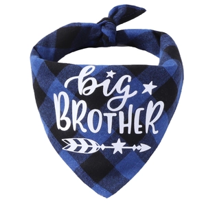 Close-up of blue buffalo plaid pet bandana with white big BROTHER slogan print