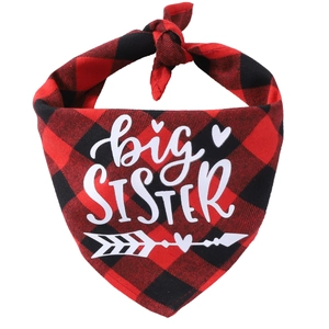 Detail of red buffalo plaid dog bandana with white big SISTER print and heart patterns