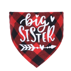 Detail of red buffalo plaid cotton dog bandana featuring white big SISTER print