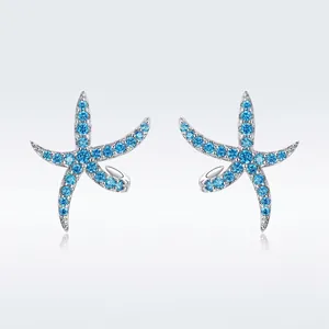 925 Sterling Silver Starfish Stud Earrings For Women Blue Zirconia Inlaid Sea Animal Shape Ocean Theme Daily Jewelry Gift