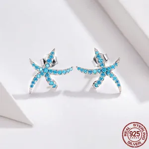 Sparkling blue starfish stud earrings in 925 sterling silver with blue zircon stones