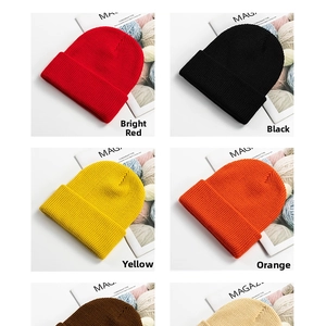 Macro detail of various color knitted beanies with warm vertical ribbed weave texture