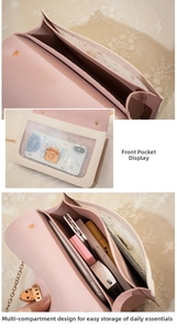 Detail view of pink and white crossbody phone bag with star sequins and multi-layer pockets