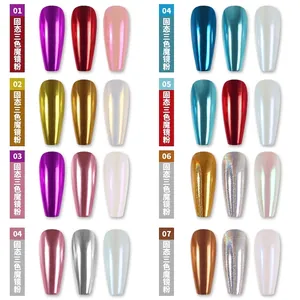 Three-color solid mirror nail powder set with high-gloss metallic chrome finish effects