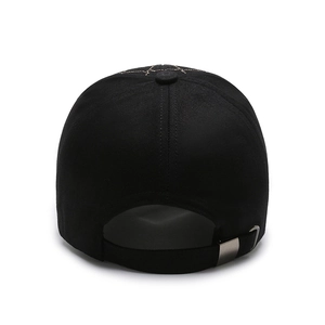 Black cotton baseball cap with gold embroidery and adjustable metal buckle on back