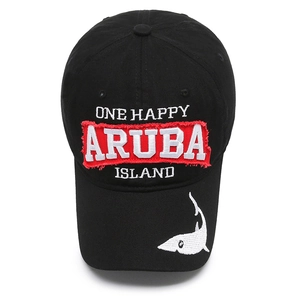 Distressed black cotton baseball cap with Aruba embroidery and shark detail on the brim