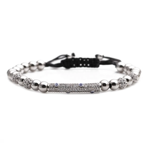 Adjustable Evil Eye beaded bracelet with micro-paved cubic zirconia and silver metal beads