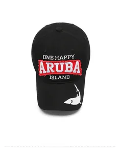 Close-up of black baseball cap featuring red Aruba patch and white shark embroidery
