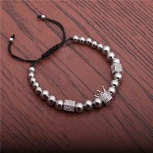 Silver crown braided bracelet with micro-set zircon cubic beads and adjustable black cord