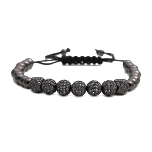 Men's luxury black beaded bracelet with micro-pave zircon spheres and adjustable cord