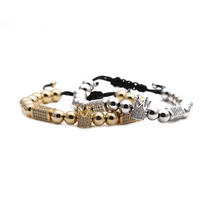 Adjustable woven bracelet with micro-pave zircon crown charm in gold and silver