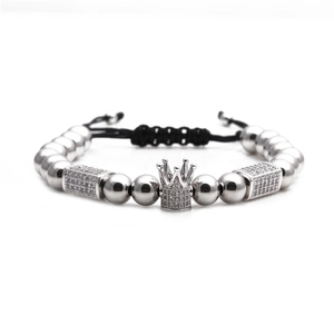 Silver bead bracelet with micro-pave zircon crown charm and black adjustable cord