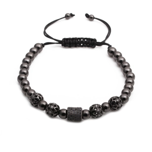 Adjustable woven bracelet with gunmetal micro-pave zircon hexagonal pillar and beads